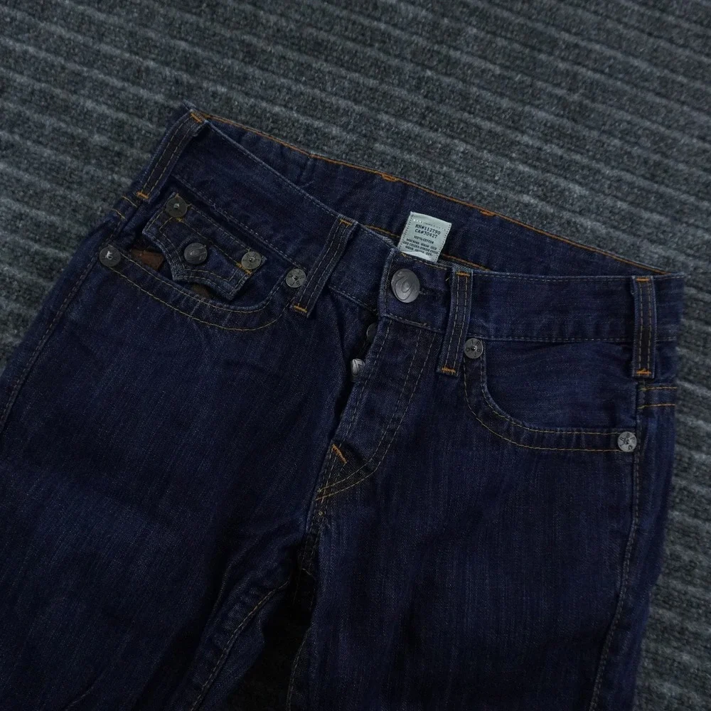 True Religion Straight Leg Jeans Mens 31 Dark Wash Blue Leather Horseshoe Logo